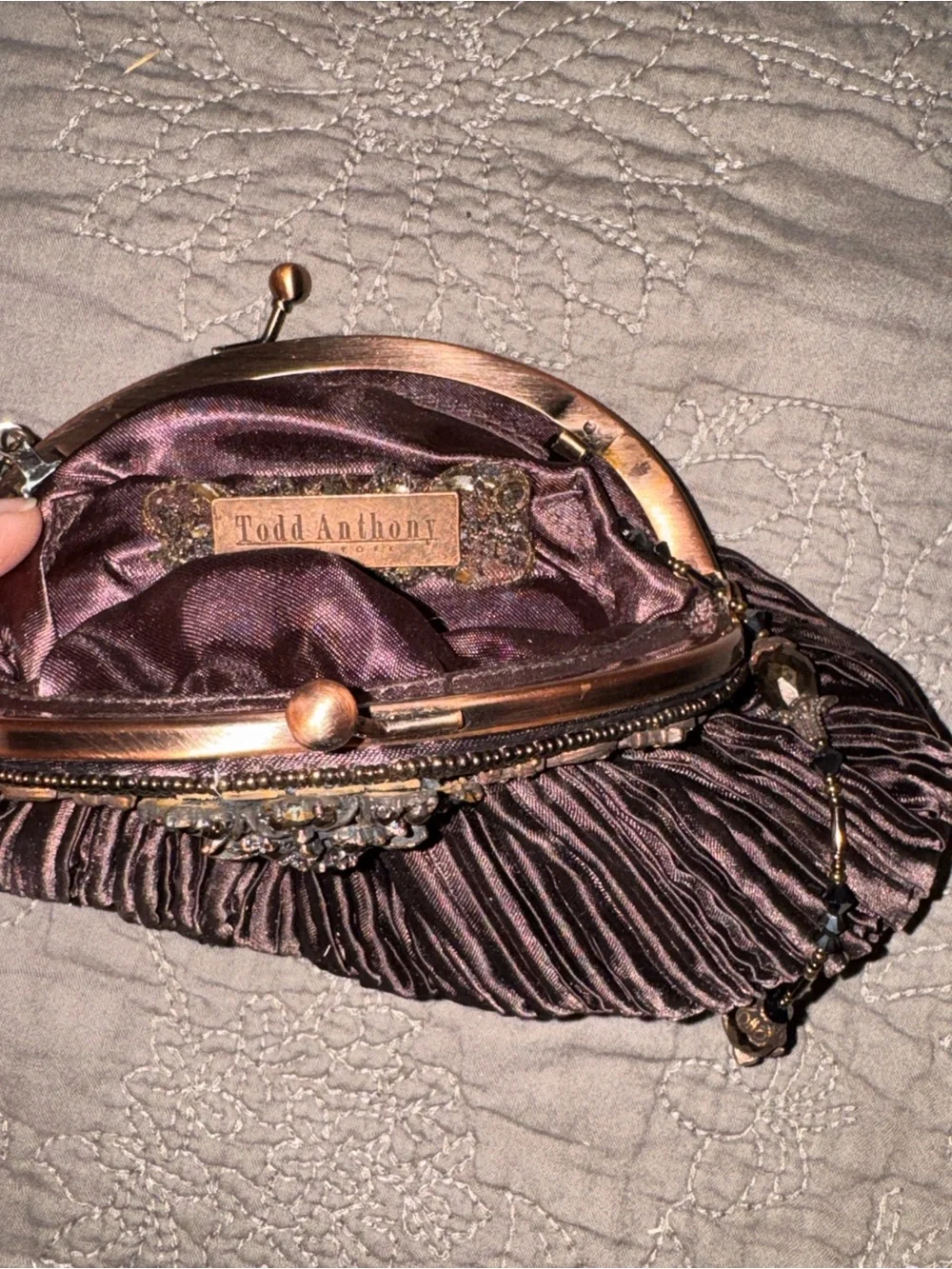 Todd Anthony Evening Pleated Satin Bag with beadwork in Dark Plum Brown